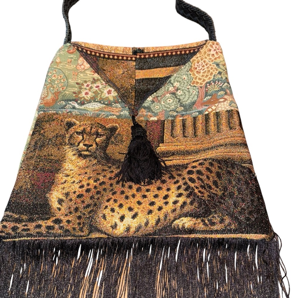 Upcycled Boho Fringe Crossbody Shoulder Bag Cheetah Handmade Reworked Crossbody - Picture 2 of 8